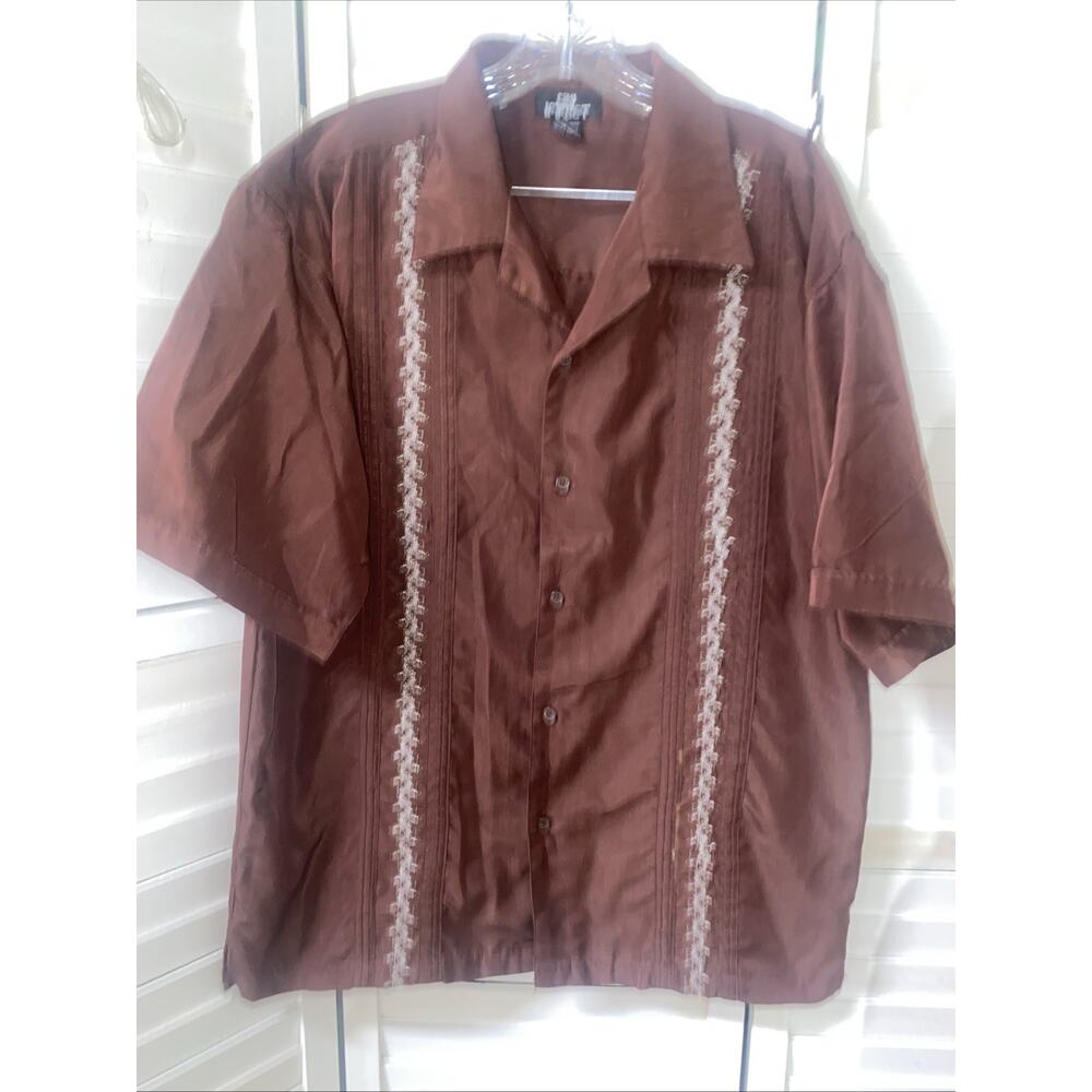 City Impact GUAYABERA Style Men’s Size XL Button Up Brown Shirt W/ Embroidery